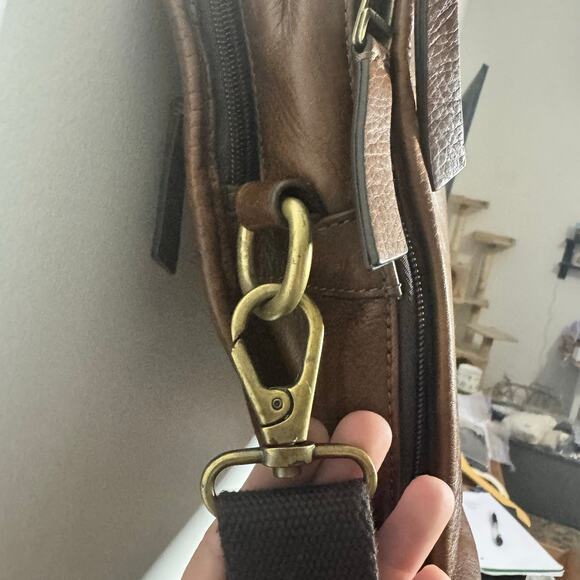 Fossil Briefcase Genuine Smooth Cognac Brown Leather Pocket Zip Office Career - Picture 10 of 11